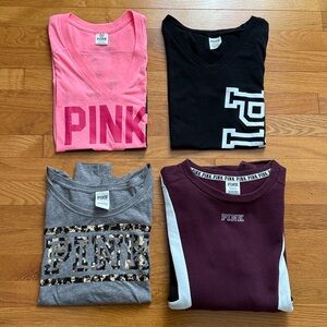 Lot of 4 PINK Victoria's Secret T-Shirts & Sweatshirt Black, Hot Pink, Grey ~ S